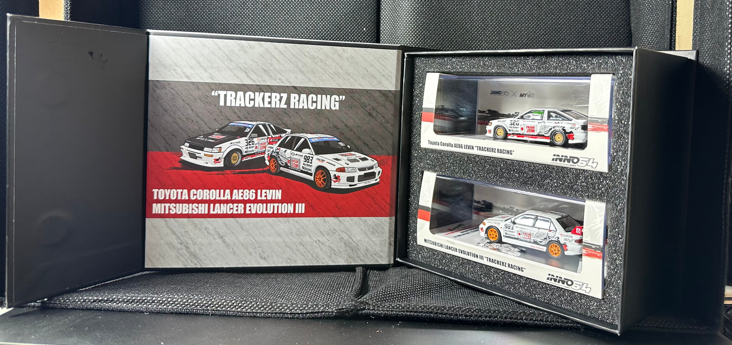 INNO64 1/64 TOYOTA COROLLA AE86 Levin "TRACKERZ RACING" & MITSUBISHI LANCER EVOLUTION III "TRACKERZ RACING" Box Set Malaysia Special Edition