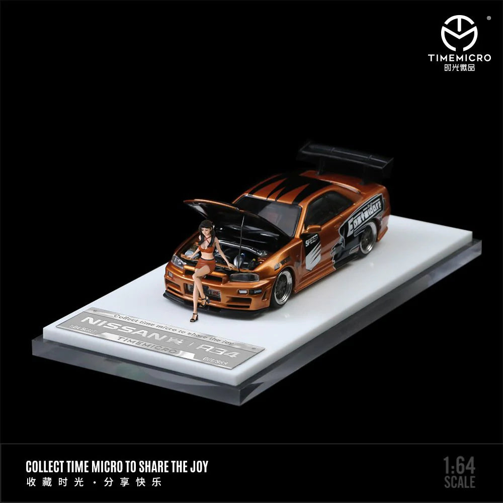 TIME MICRO 1/64 Need For Speed GT-R R34 Gold / Orange with Figurine