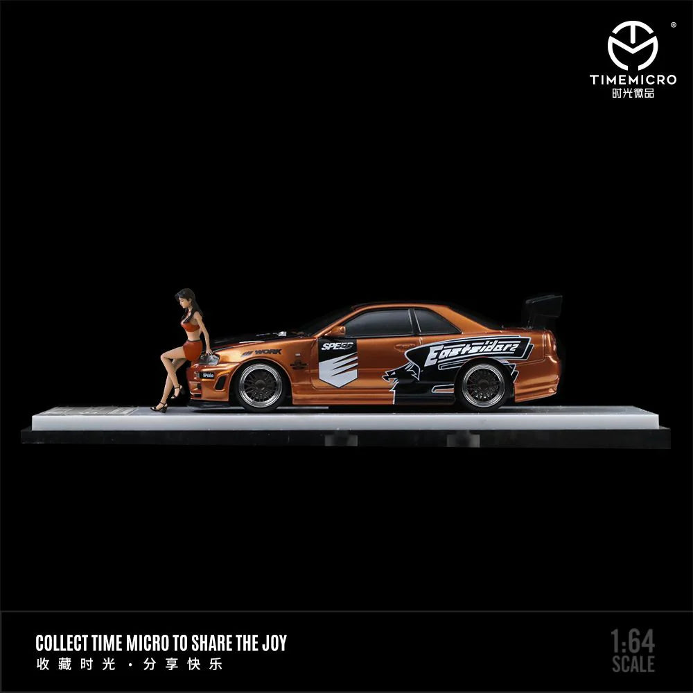 TIME MICRO 1/64 Need For Speed GT-R R34 Gold / Orange with Figurine