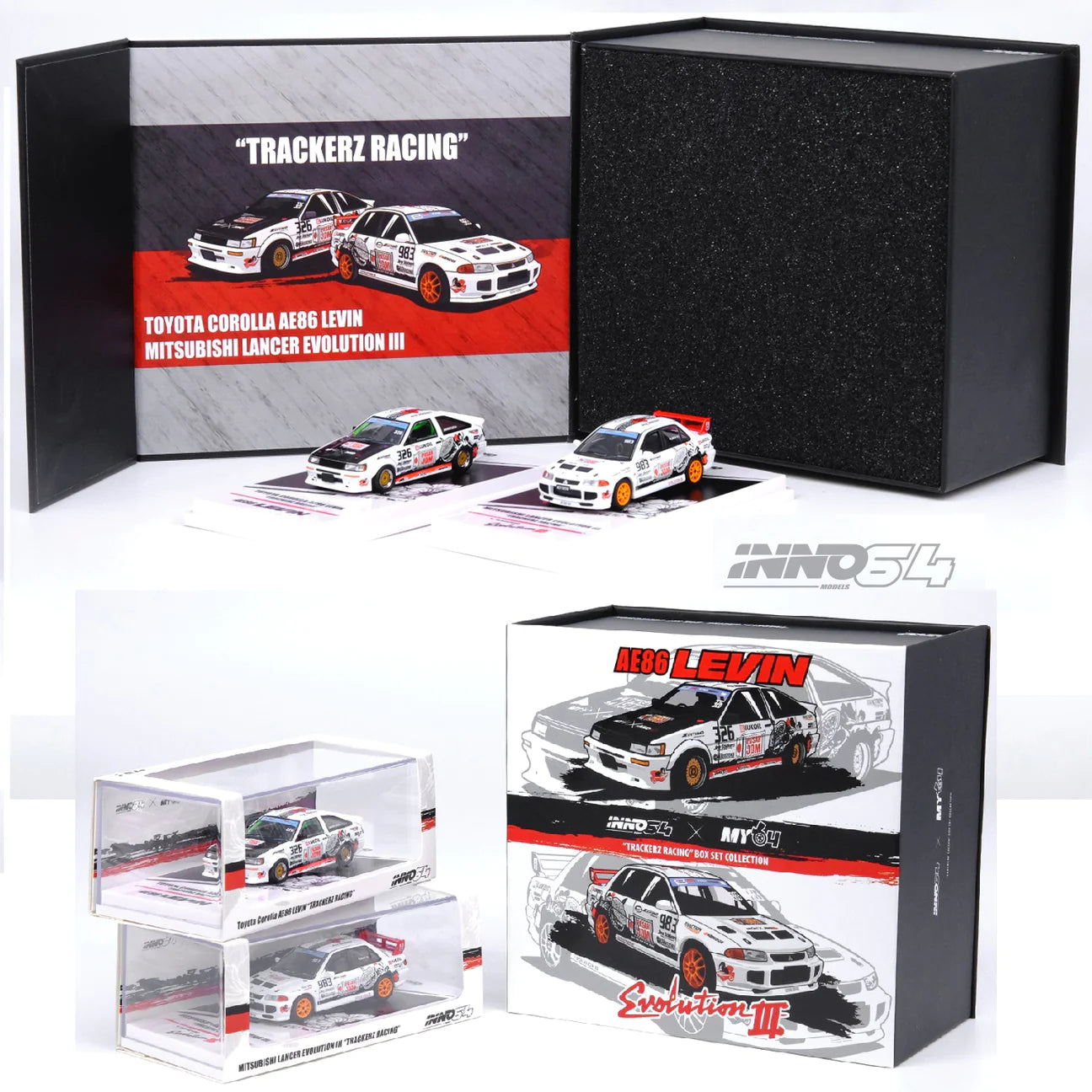 INNO64 1/64 TOYOTA COROLLA AE86 Levin "TRACKERZ RACING" & MITSUBISHI LANCER EVOLUTION III "TRACKERZ RACING" Box Set Malaysia Special Edition
