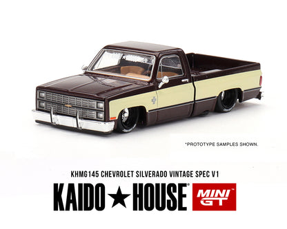 (Pre-Order) ***CHASE*** Kaido House x Mini GT 1:64 Chevrolet Silverado KAIDO Vintage Spec V1 – Two-Tone Brown Cream