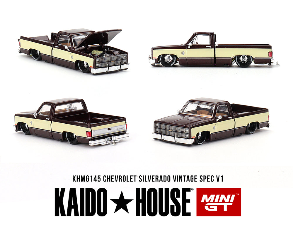 (Pre-Order) ***CHASE*** Kaido House x Mini GT 1:64 Chevrolet Silverado KAIDO Vintage Spec V1 – Two-Tone Brown Cream