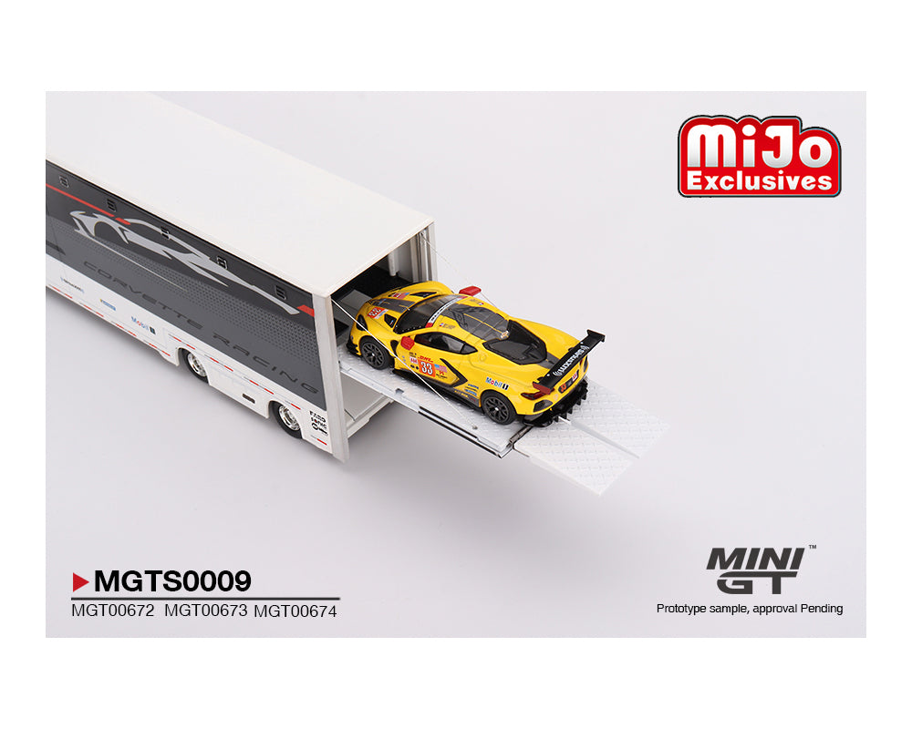 Mini GT 1:64 Chevrolet Corvette C8R Racing Cars #3 & #33 Winners with Western Star Transporter – Mijo Exclusives